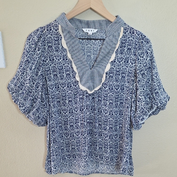 THML Top Alayah Floral Striped Ric-Rac Puff Sleeve Blue White Womens Size Small - Picture 4 of 11